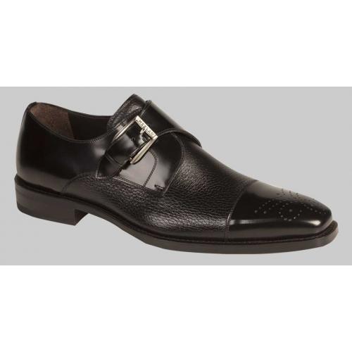 Mezlan "Phoenix" Black Genuine Calfskin / Soft Deerskin Cap Toe Monk Strap Loafer Shoes 16505.